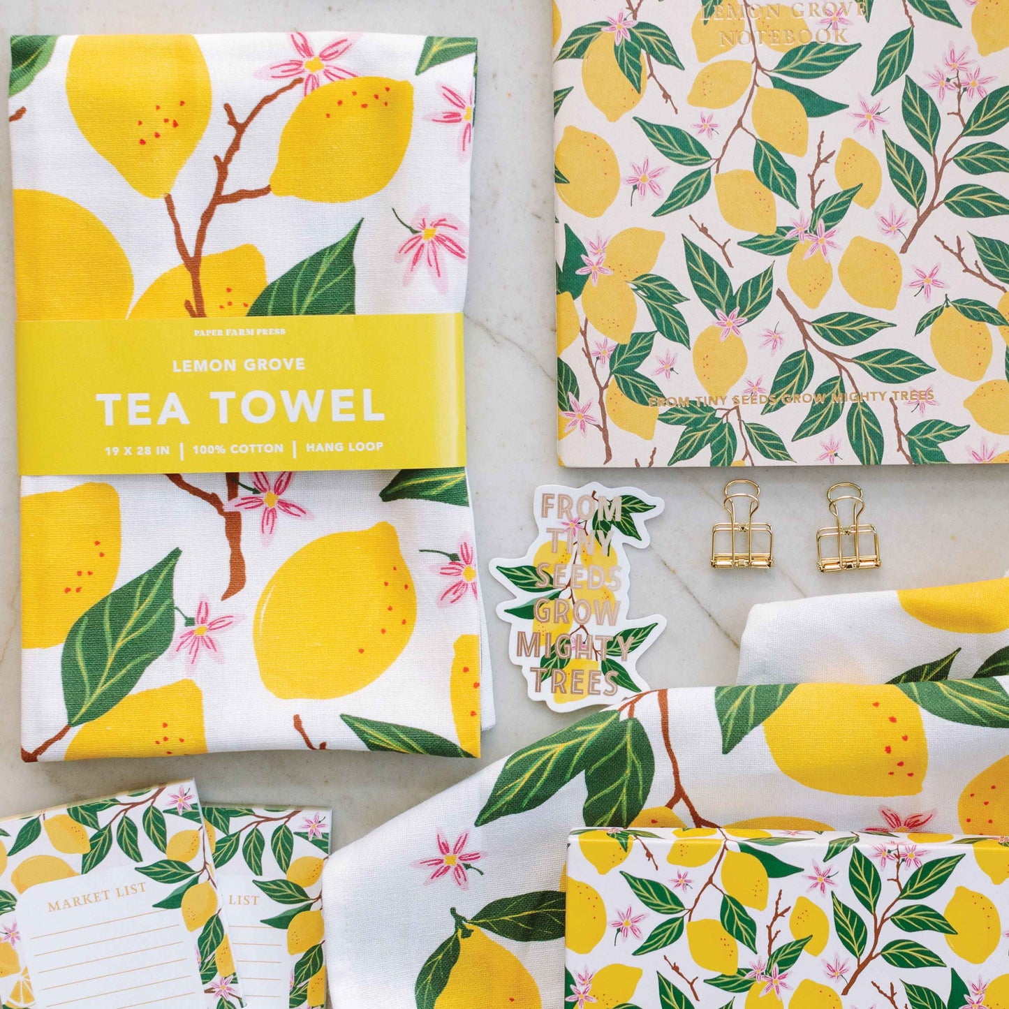 Tea towel, stickers, notepad, wrapping paper in lemon grove print