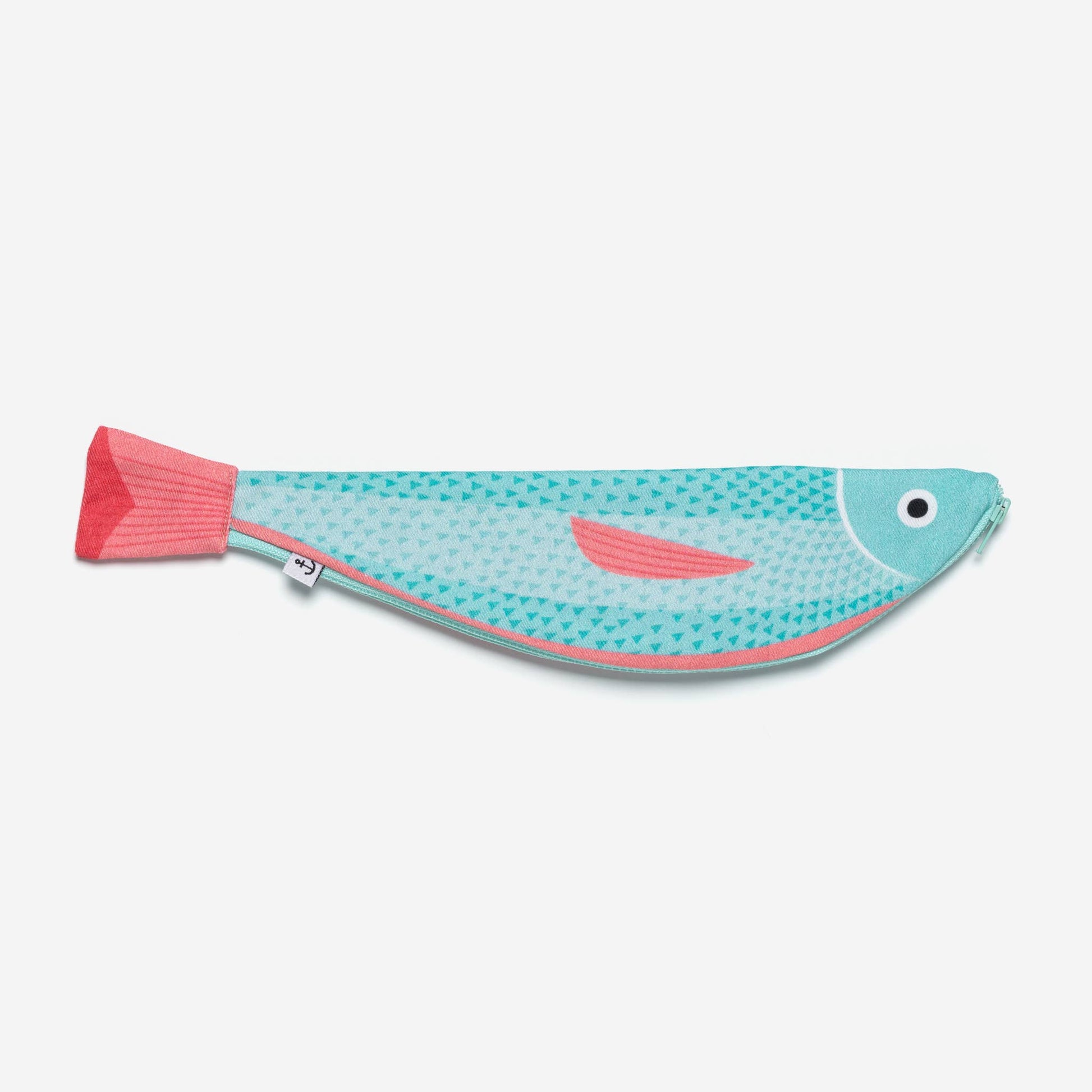 Verdin fish zippered pouch -- body is turquoise, fins are pink 