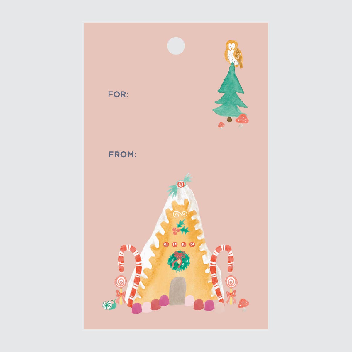 Pink holiday gift tag set of 10 -- reads "For:" and "From:" on it and has images of a gingerbread house at the bottom, decorated with the works and in the top right is a christmas tree with an owl sitting atop it. 