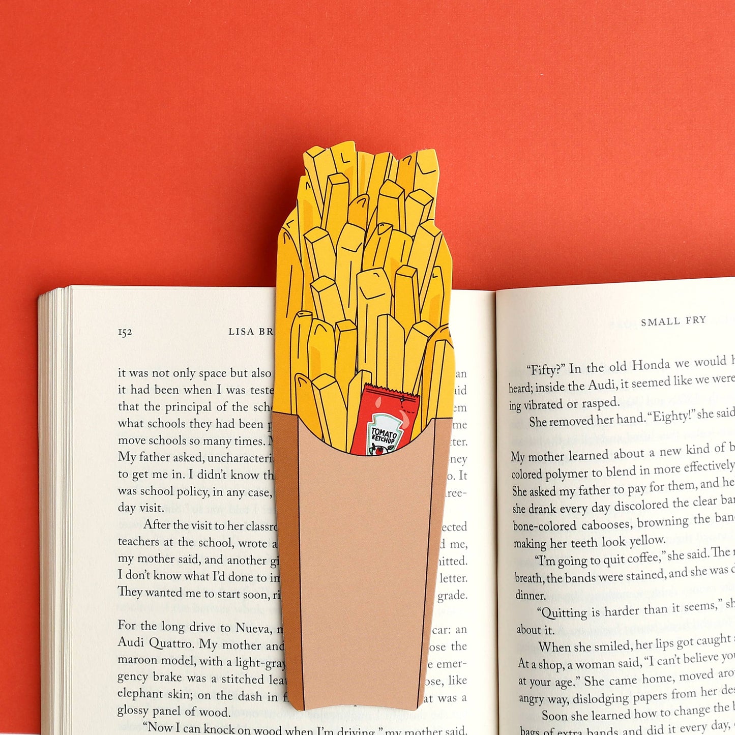 Bookmark that looks like french fries in a container with a packet of ketchup as well 