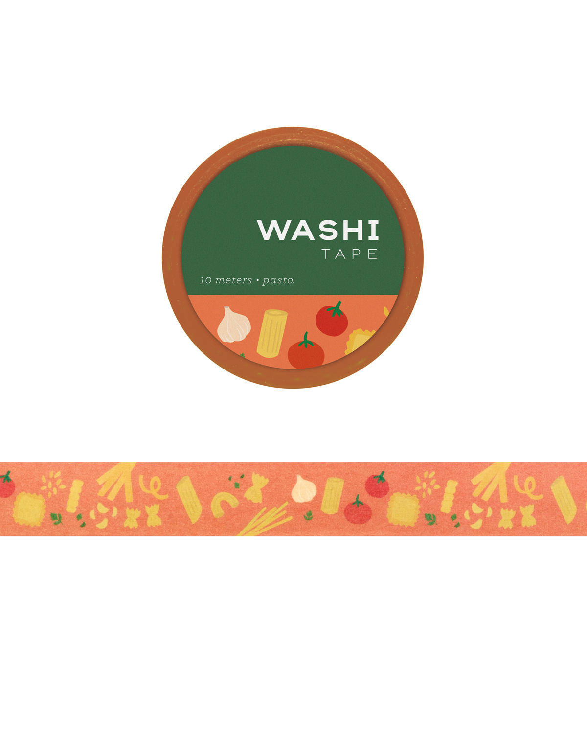 Roll of red washi tape with various pasta noodles and tomatoes on it 