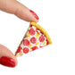 Handmade magnet shaped like a single slice of pepperoni pizza. Shown held between two fingers for size comparison.