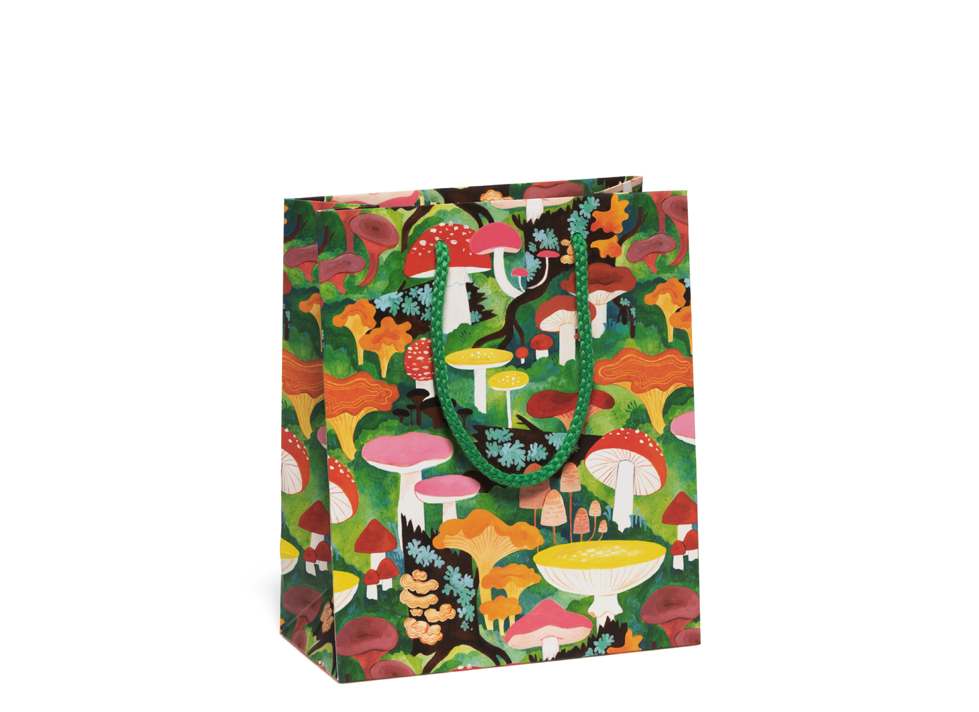 mostly green giftbag that has different woodland mushrooms on it 