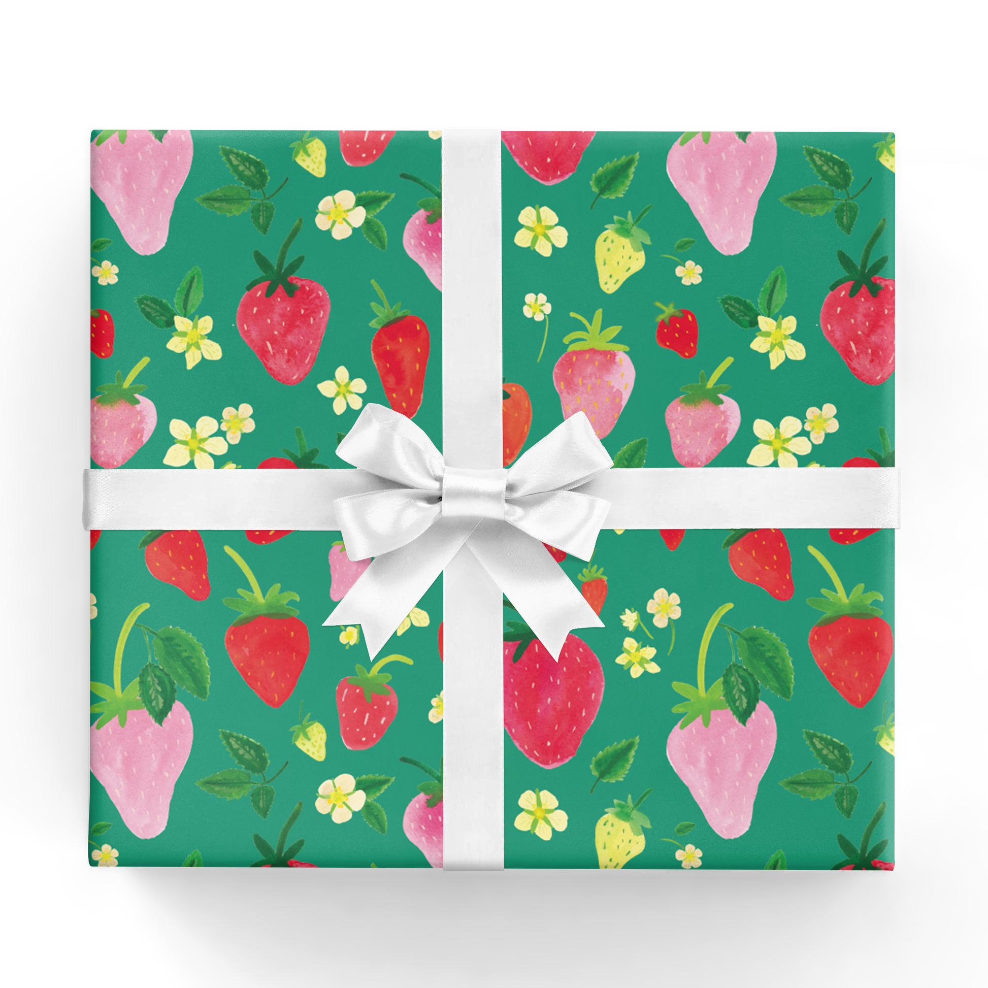 Green sheet of wrapping paper with pink and red strawberries and small yellow flowers on it 