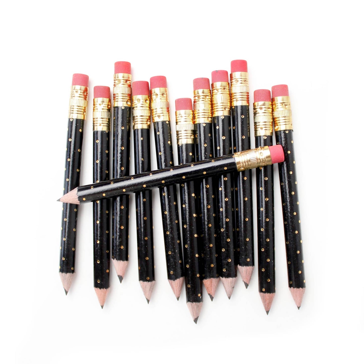 12 mini black pencils with gold foil polka dots.