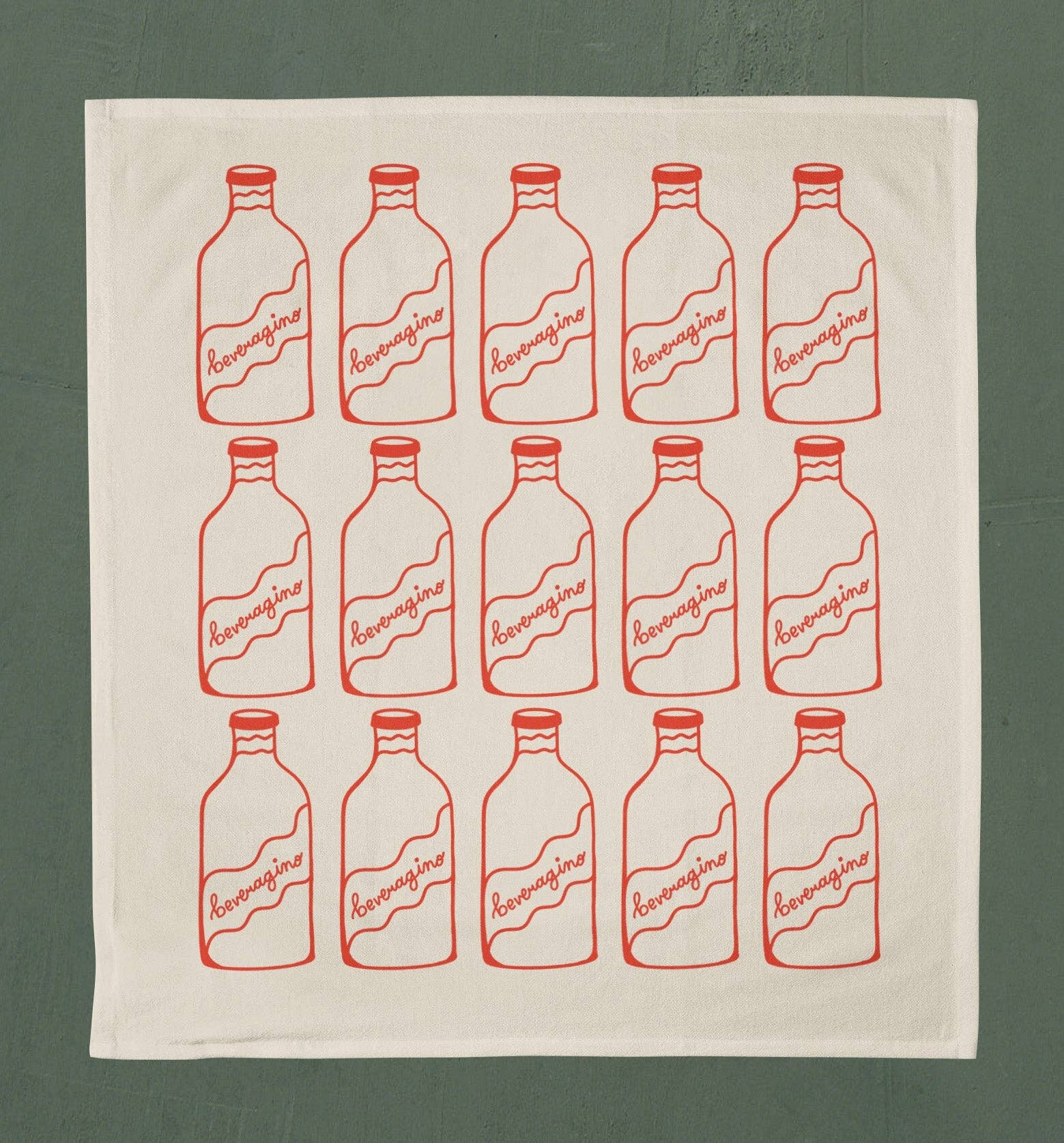 Natural colored tea towel with 3 rows of 5 bottles printed in red ink that read "beveragino" on it 