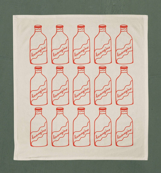 Natural colored tea towel with 3 rows of 5 bottles printed in red ink that read "beveragino" on it 