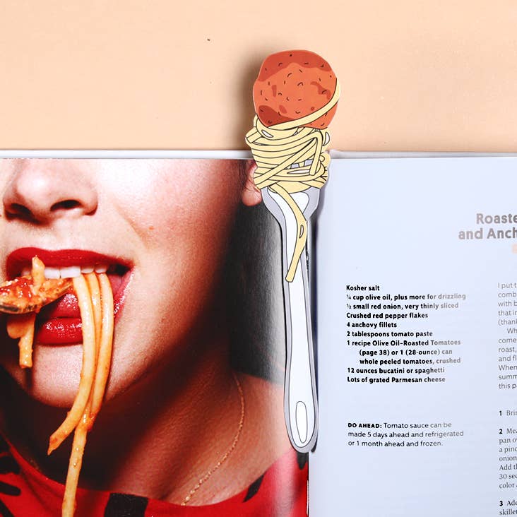 Bookmark that looks like a fork with a bite of spaghetti and a meatball on it 