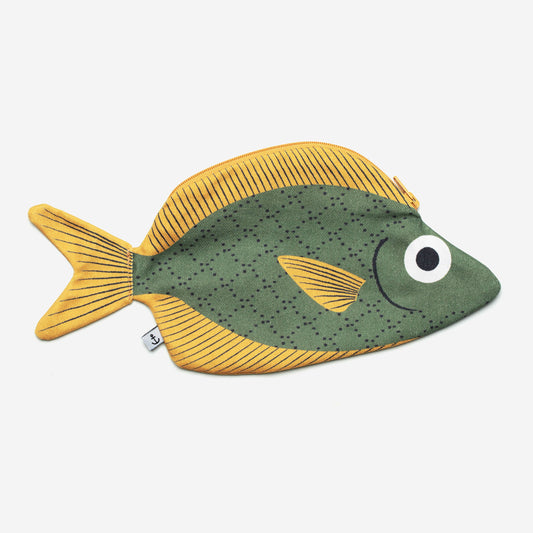 Soldier fish zippered pouch -- body is dark green with small, black dot detailing, fins are yellow with stripes 