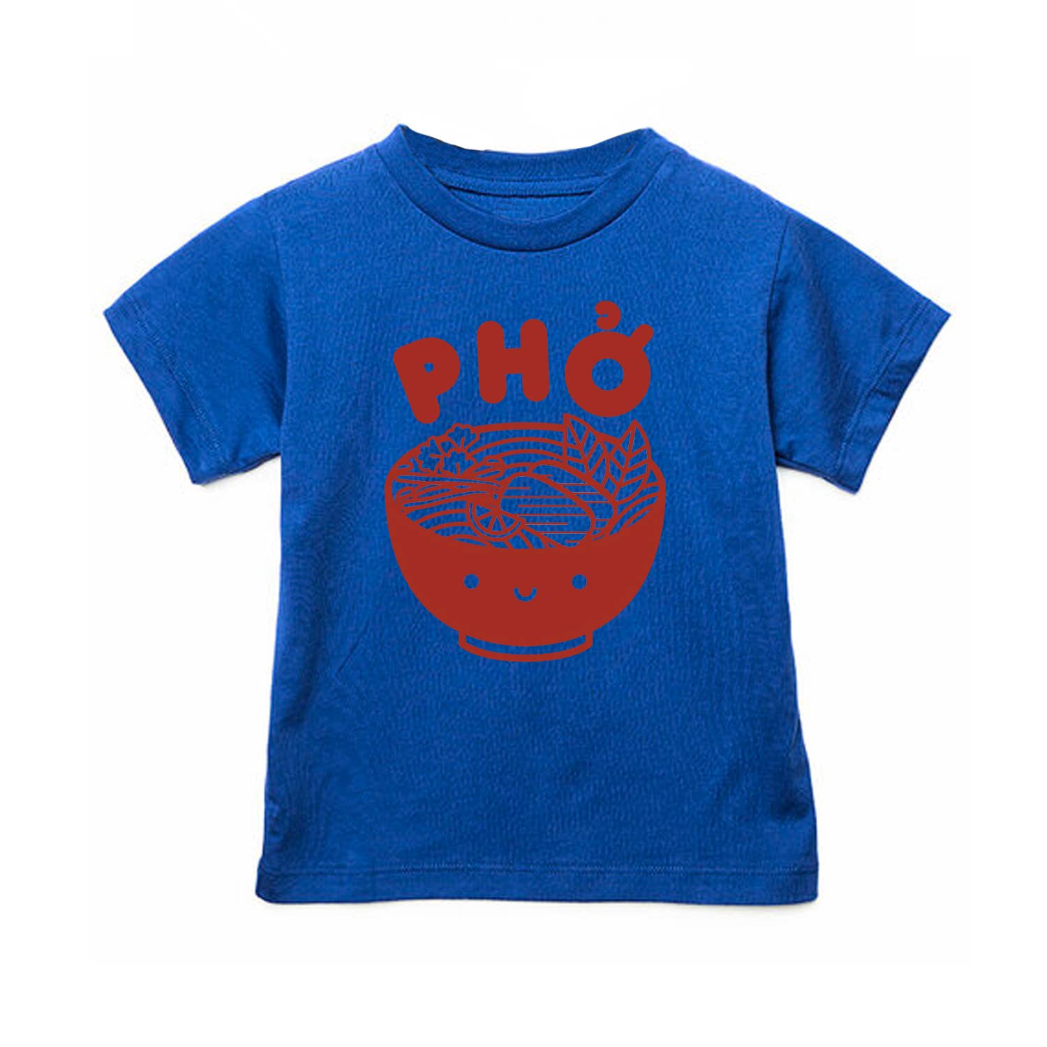 Electric blue shirt with red print of a bowl of Pho noodles and the word PHO on top.