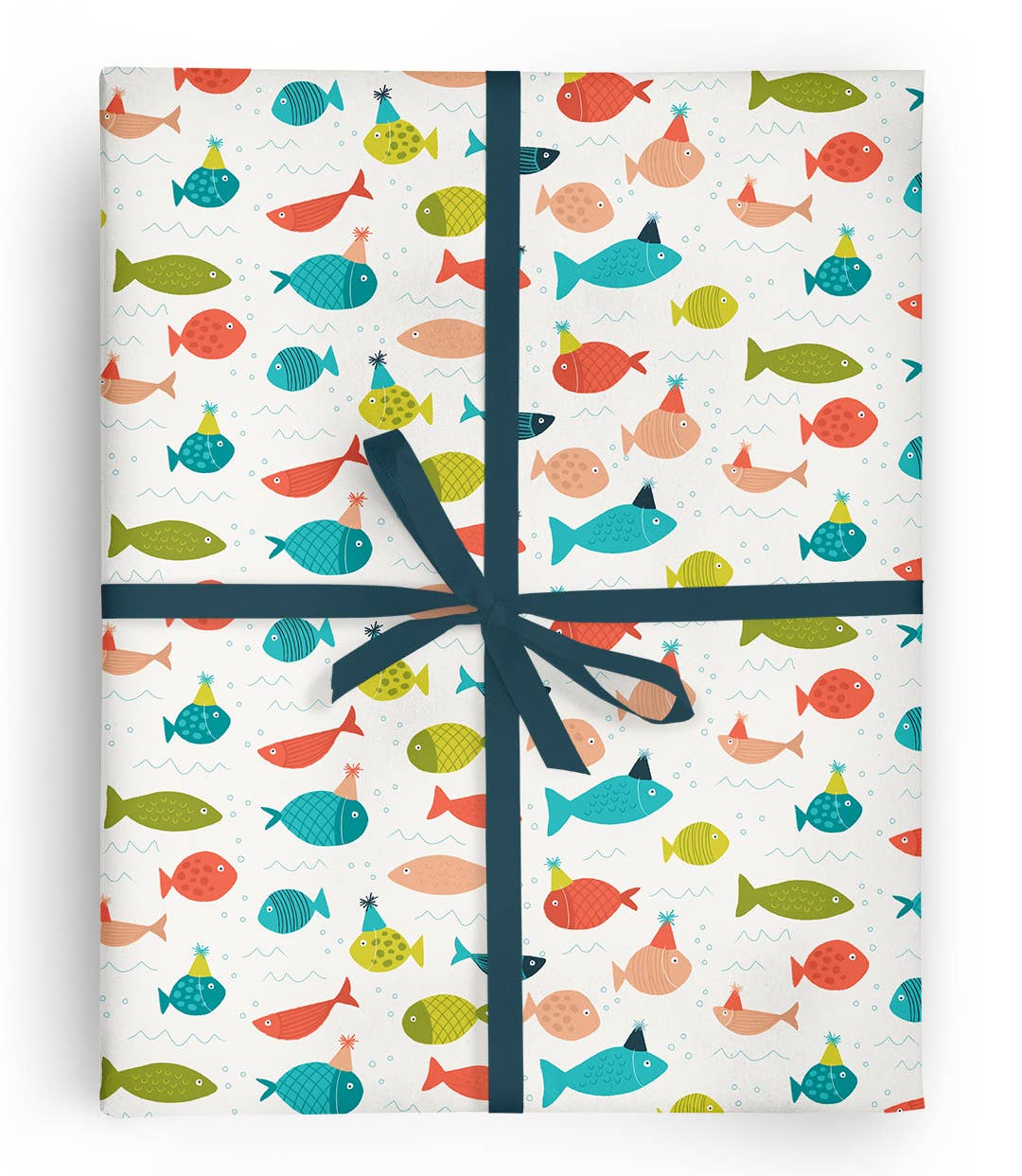 Wrapping paper with different colored fish wearing birthday hats on it 