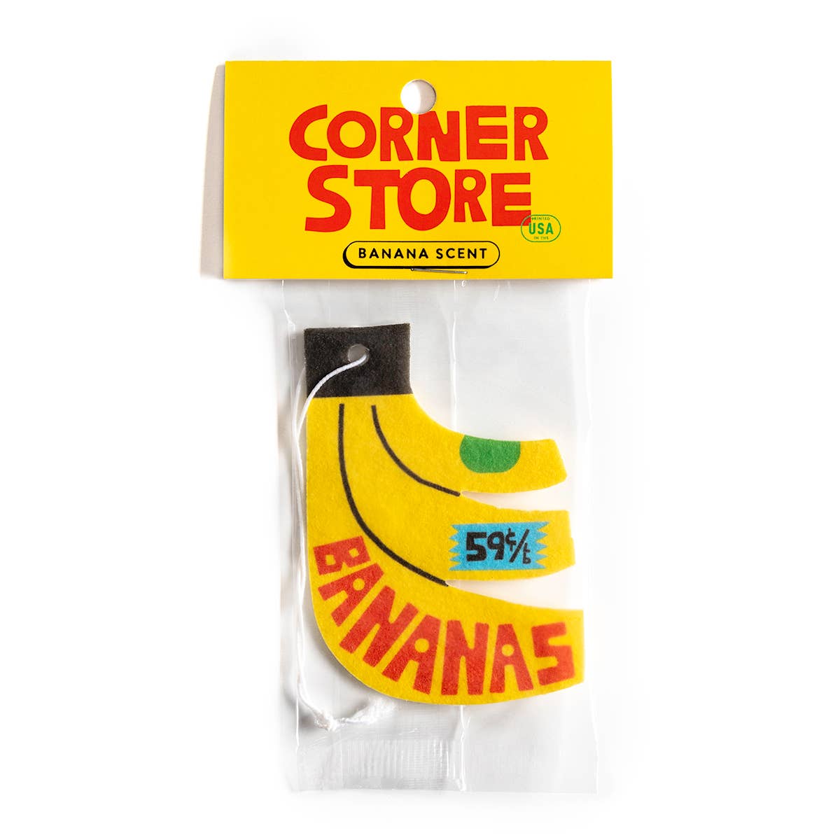 Banana scented air freshener in the shape of three bananas in a bunch with red text "Bananas" and fake price tag "59c/lb"