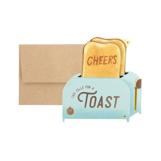interactive toast greeting card -- front reads "This calls for a toast" and when the toast pops up it reads "cheers"  
