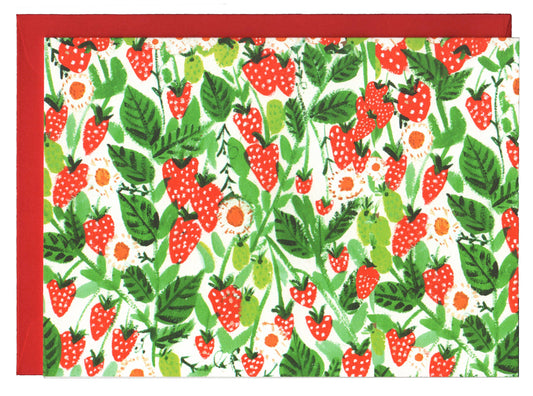 Notecard with wild, field strawberries as the design 