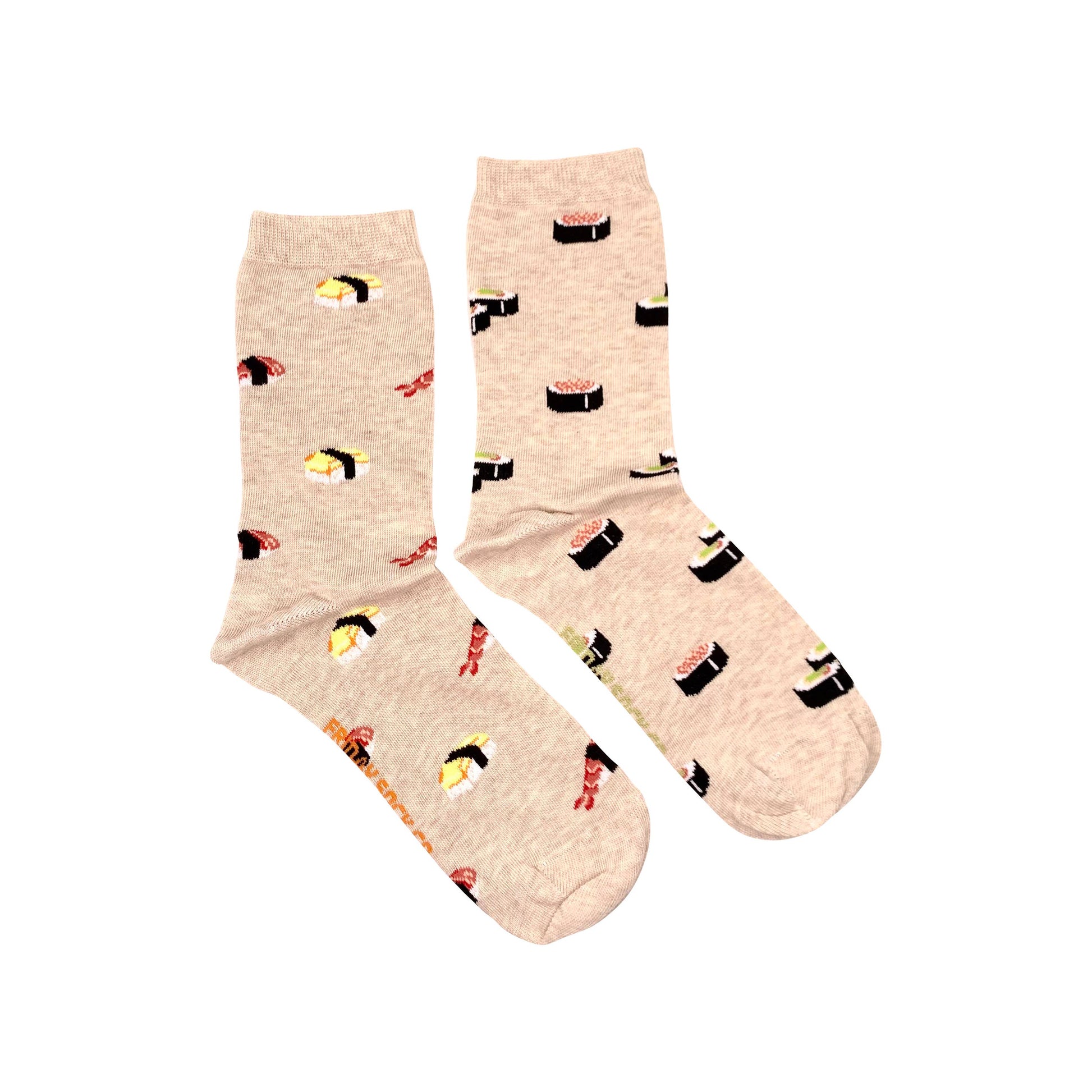 Pair of mismatched women's socks -- sushi rolls and nigiri 