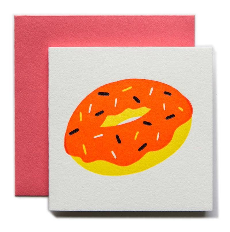 Mini/Tiny Greeting Card -- has an image of a sprinkled donut on it and comes with a mini pink envelope. 