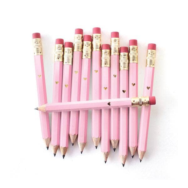 12 Mini pink pencils with gold foil heart on the center. Each pencil has a classic pink eraser. 