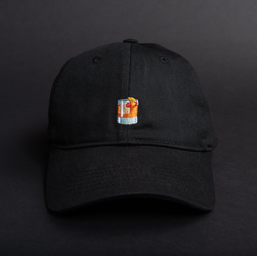 Embroidered Old Fashioned cocktail on a black baseball cap 
