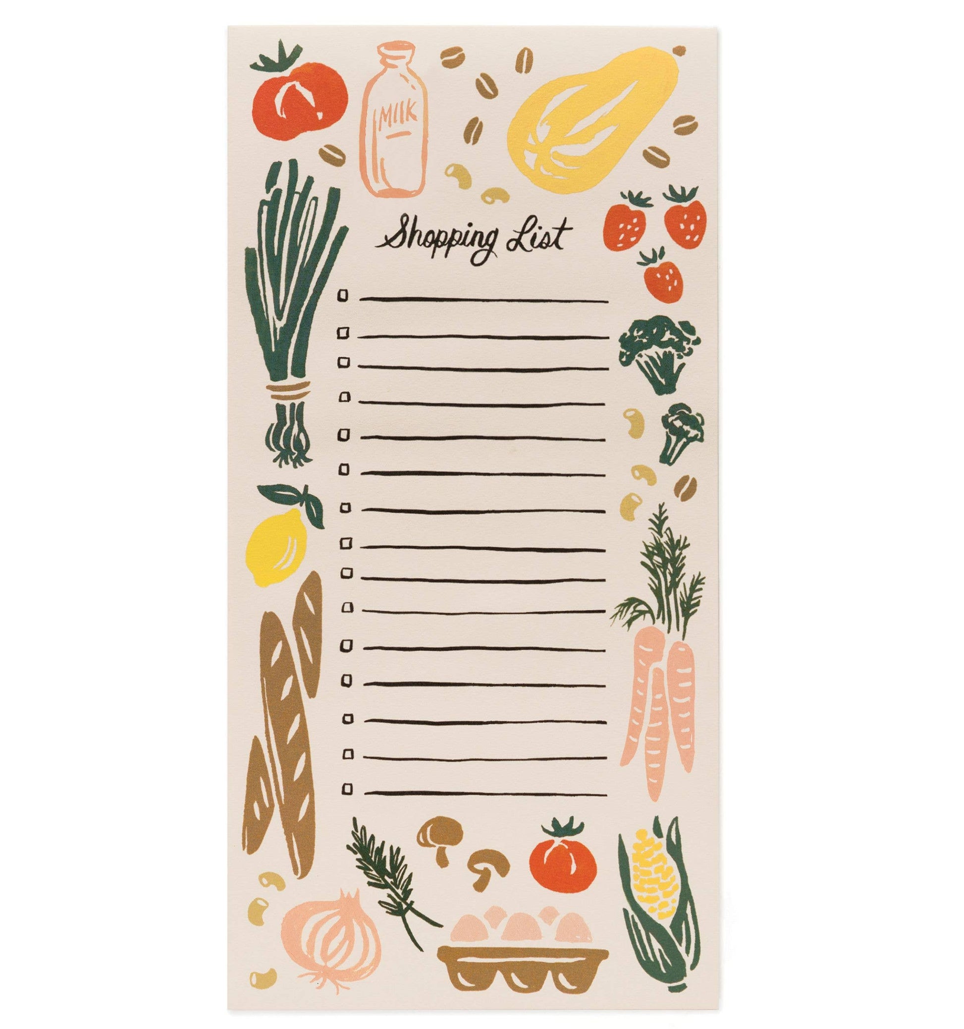 Notepad with text "Shopping List" and 15 lines (with checkboxes) on which to write your grocery list. Features border illustration of market items such as green onions, squash, strawberries, baguettes, milk bottle, eggs, and herbs.