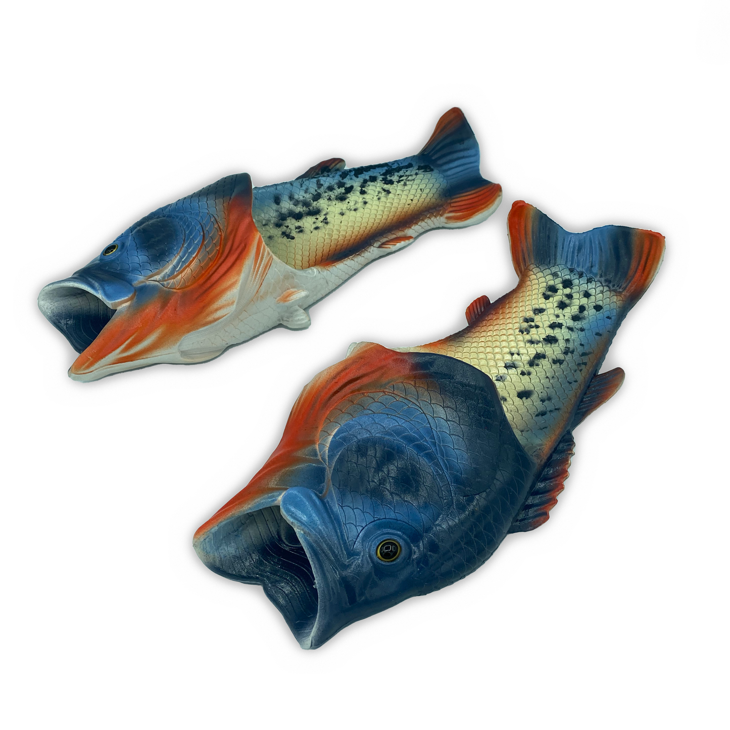 blue, red and cream fish slippers --- slide slippers in the shape and texture of a fish, mouth of fish is the opening for the toes 