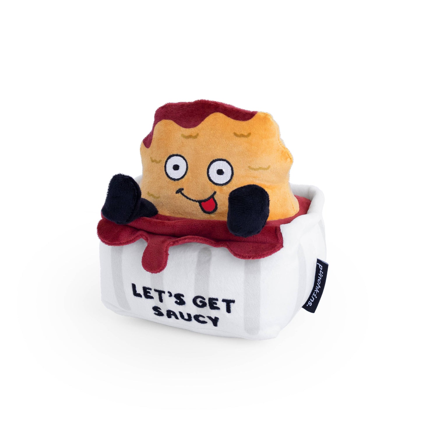 Chicken Nugget dunked in sauce plush toy -- on sauce container it reads "Let's Get Saucy" 