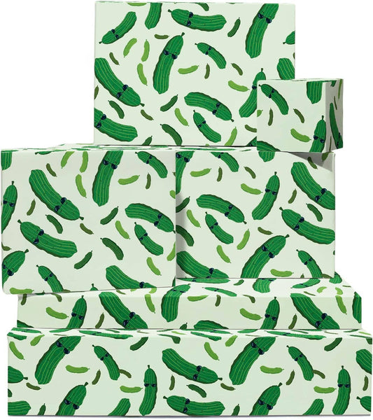 Multiple boxes wrapped in pickle wrapping paper