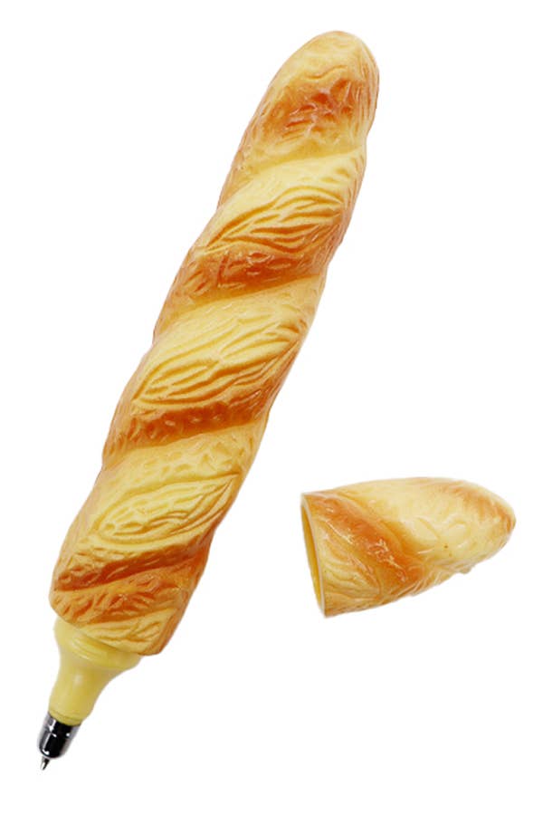 Pen in the shape of a baguette. Cap is off to show how it separates.