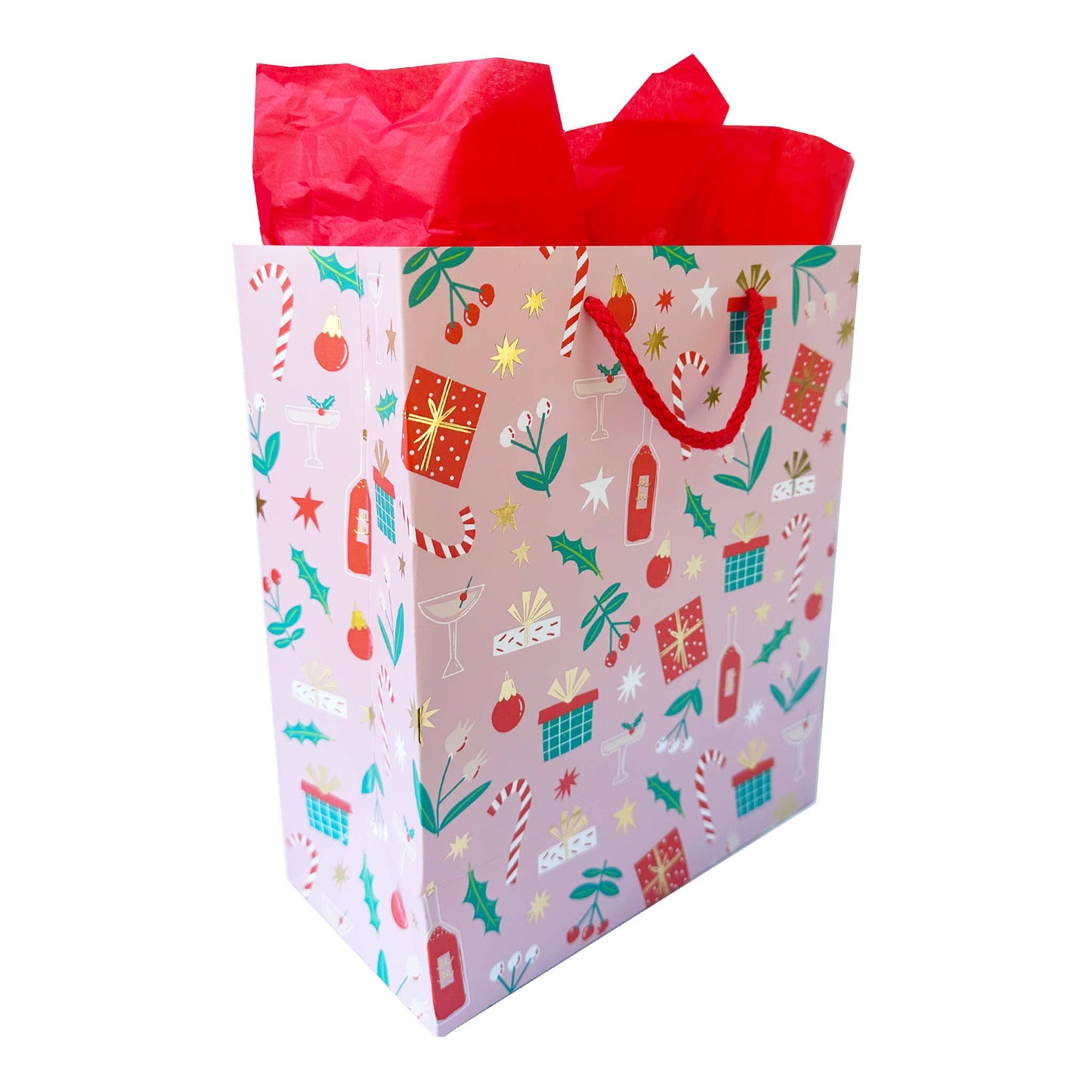Holiday themed gift bag -- pink with presents, wine, champagne, mistletoe, holly, ornaments and candy cane. With red woven cord handle 