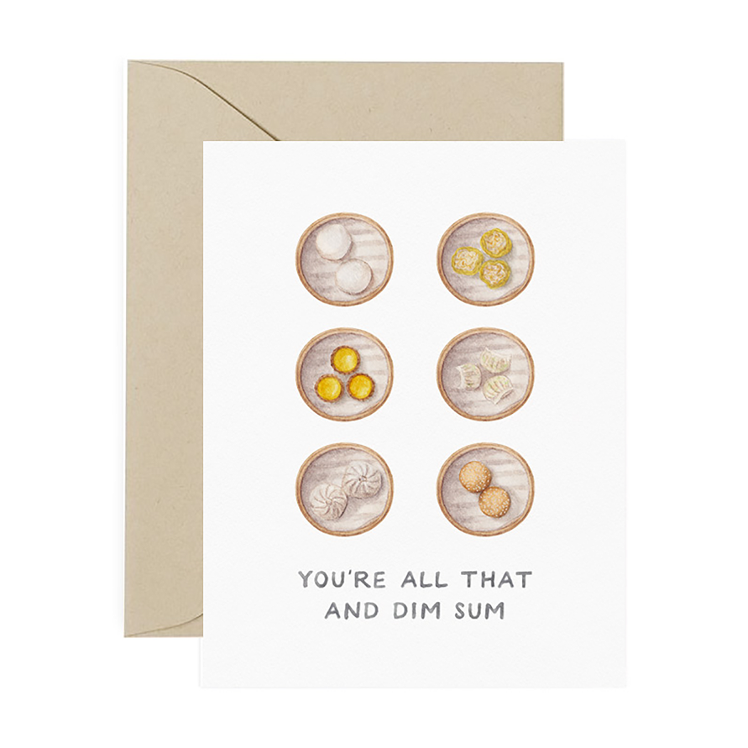 Congrats greeting card that reads "You're All That And Dim Sum" and is designed with illustrations of various dim sum items in bamboo steamers 