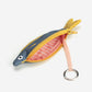 Yellow and blue Fusilier fish pouch unzippered to show interior + attached key ring 