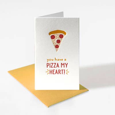 Mini enclosure card with a pepperoni pizza on the cover. The card reads "you have a pizza my heart!"