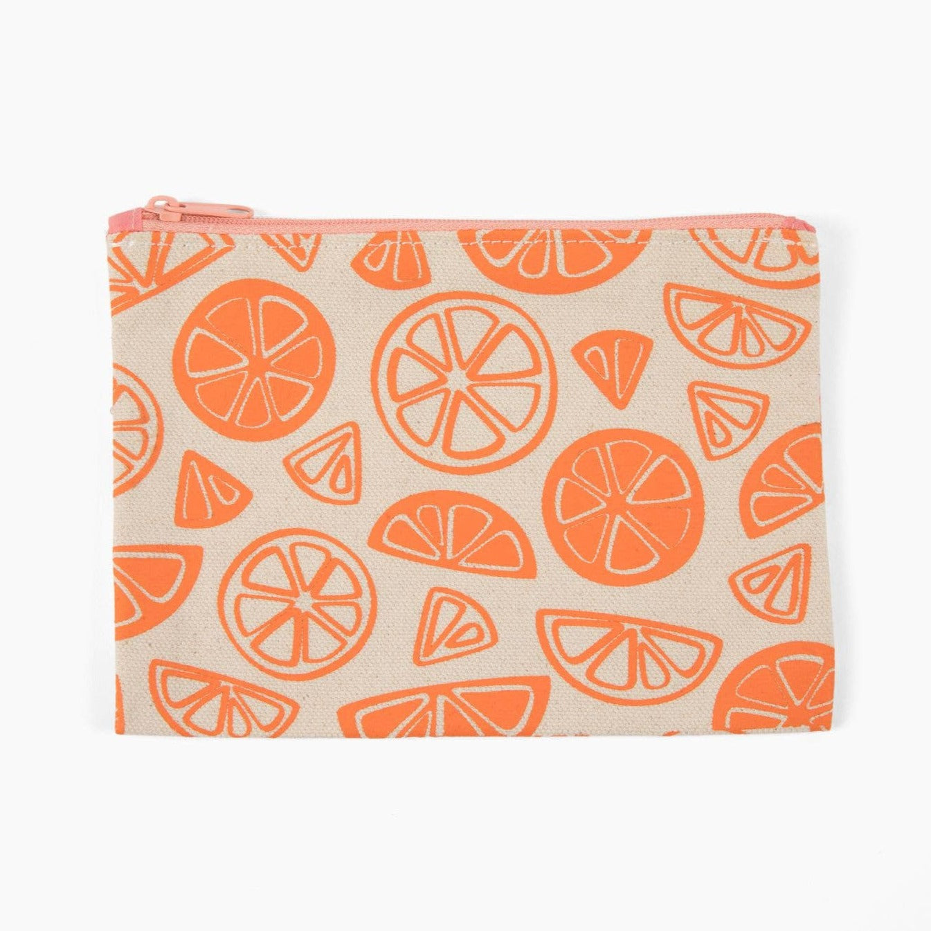 small canvas pouch with pink zipper and oranges as the design 