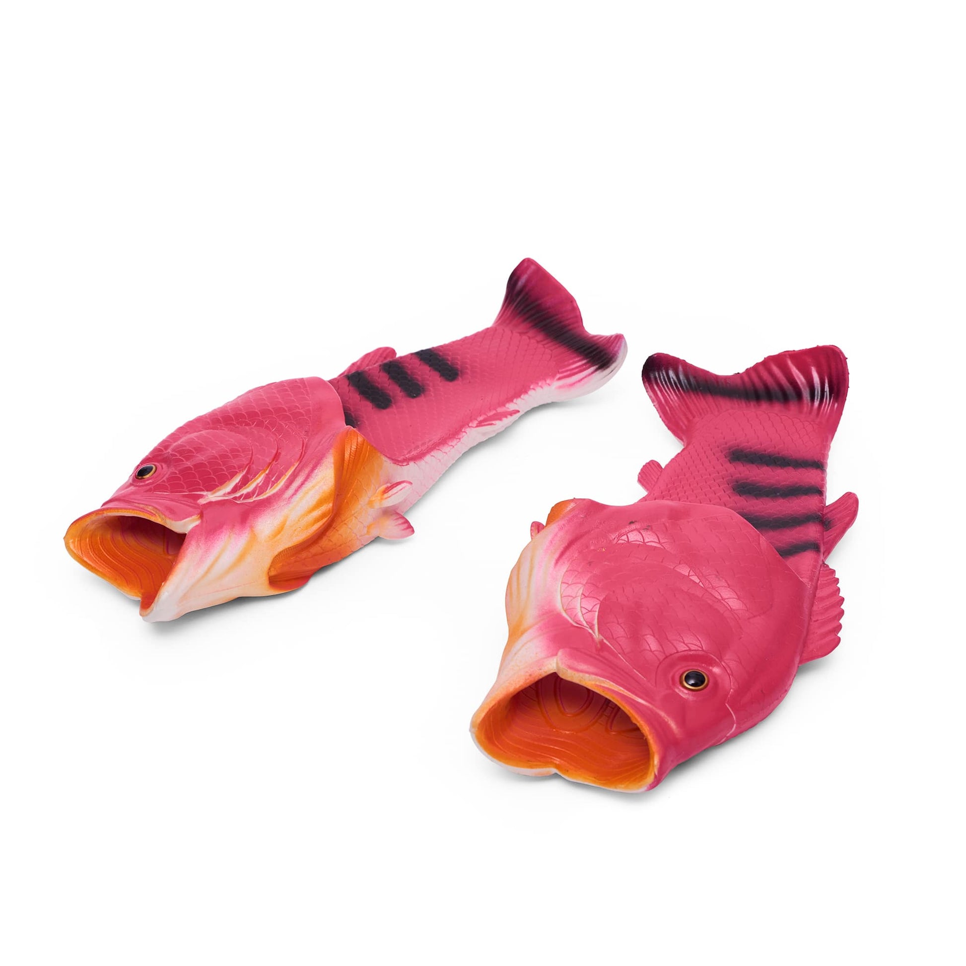 pink, orange, white and black fish slippers --- slide slippers in the shape and texture of a fish, mouth of fish is the opening for the toes