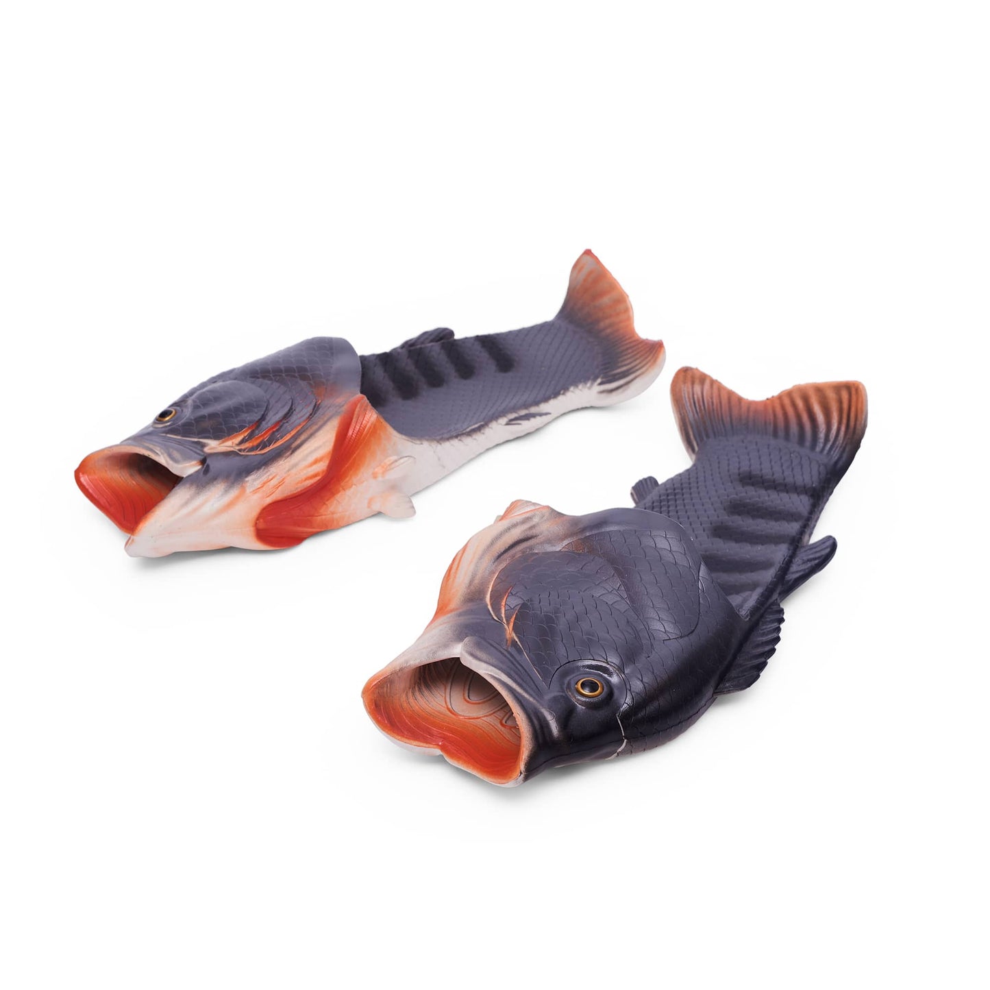 purple, white and orange fish slippers --- slide slippers in the shape and texture of a fish, mouth of fish is the opening for the toes