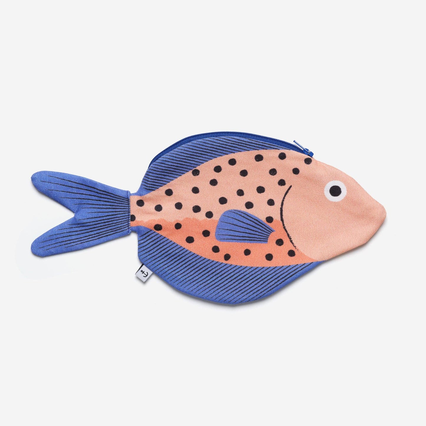 Roughy fish zippered pouch -- body is light red with black dots, fins are blue with stripes 