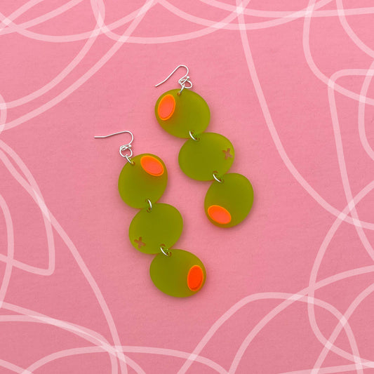 Neon green and pink stuffed olive acrylic drop earrings 
