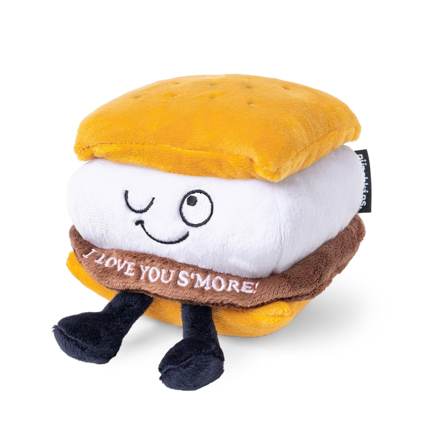 S'more plushie that has a winky face and reads "I Love You S'more!"