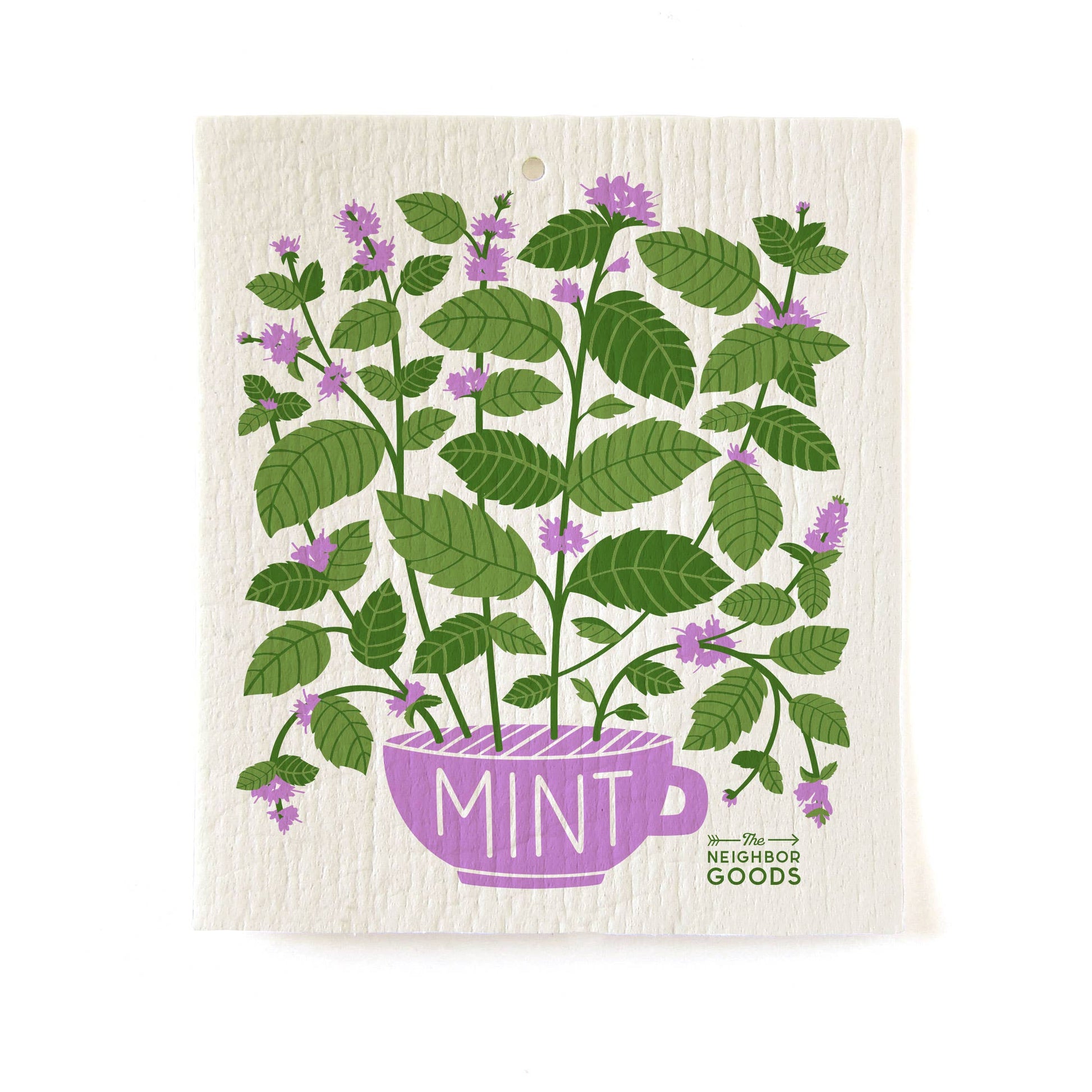 Sponge cloth with printed illustration of flowering mint plant growing out of a purple teacup labeled "MINT".