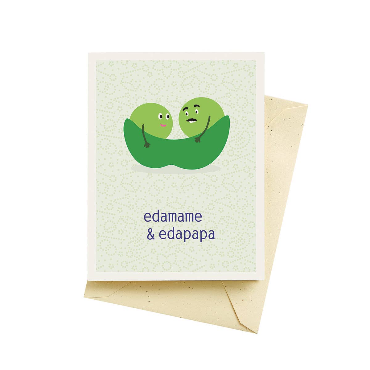 Two edamames in a pod with text below that reads "edamame & edapapa" 