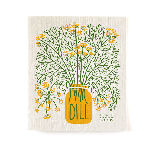 Sponge cloth with printed illustration of flowering dill plant in yellow glass jar labeled "DILL."