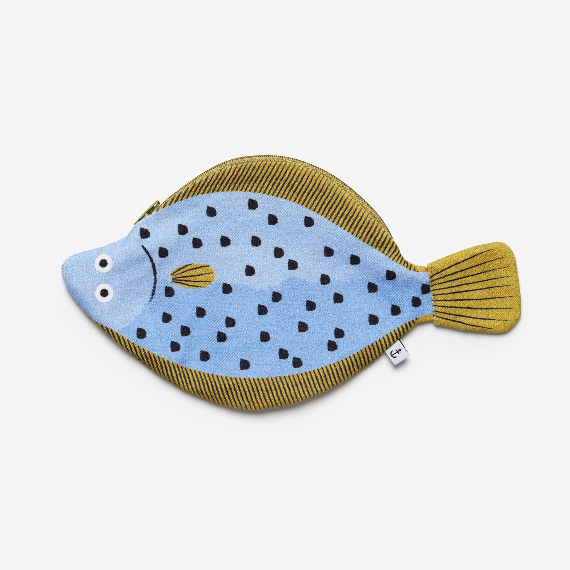 Flounder fish zippered pouch --- body is blue with black dots, fins are yellow 