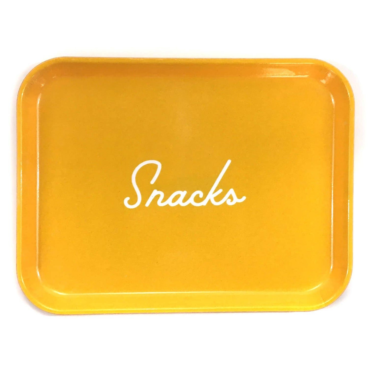 Large fiberglass snack tray in mustard yellow with white script "Snacks"