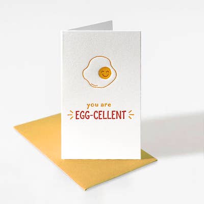 Mini card with an egg on it that says "you are EGG_CELLENT"