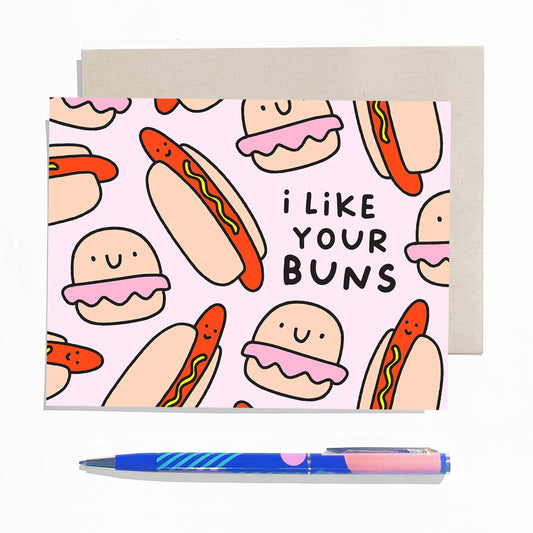 Greeting card that reads "I like your buns" and has illustrated hot dogs and hamburgers on it 