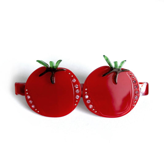 Hair barrette -- two solid red tomatoes on a pearlescent red post
