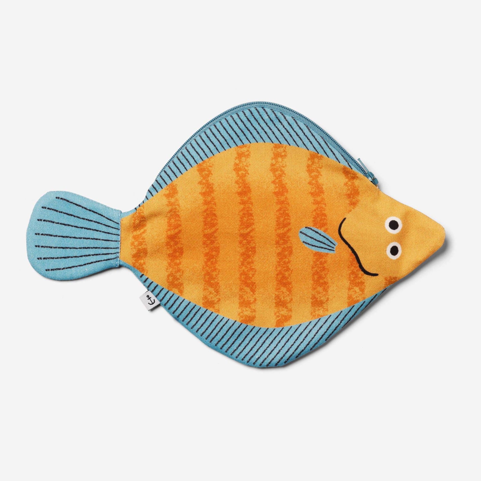 Plaice fish pouch. Fish is orange with dark orange stripes and blue fins.