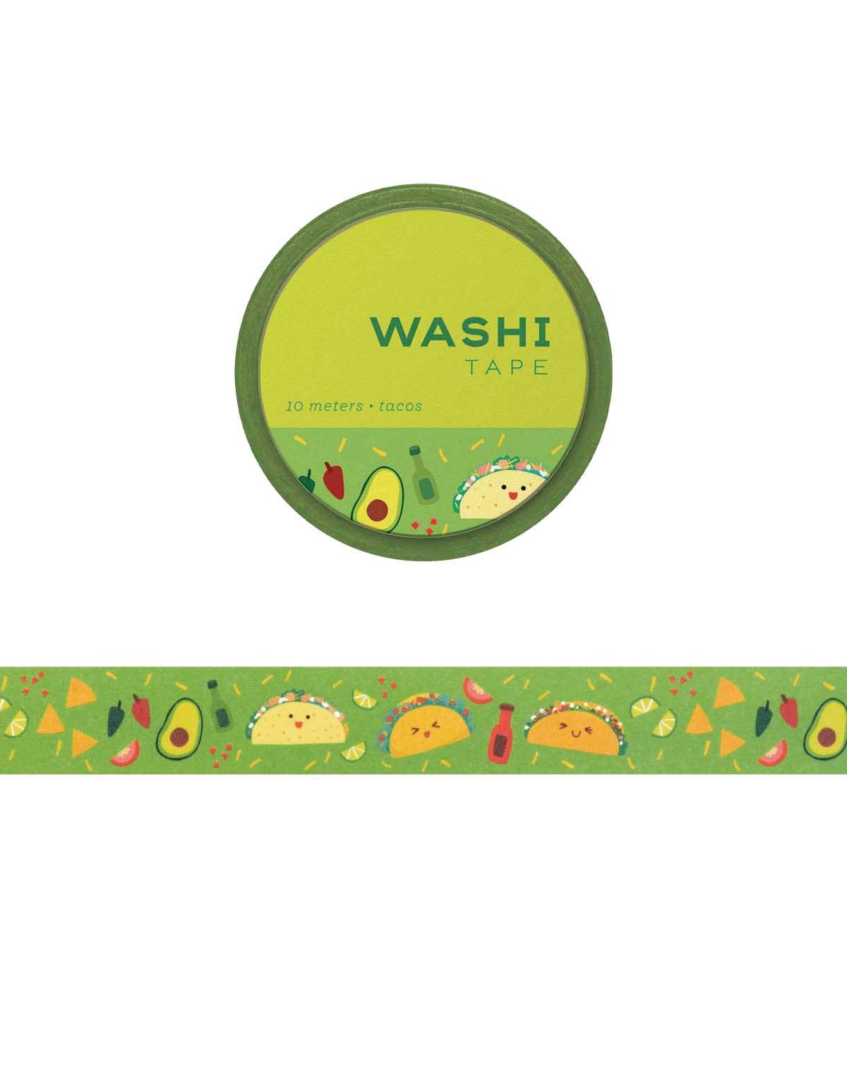 Roll of green washi tape with various taco ingredients on it 