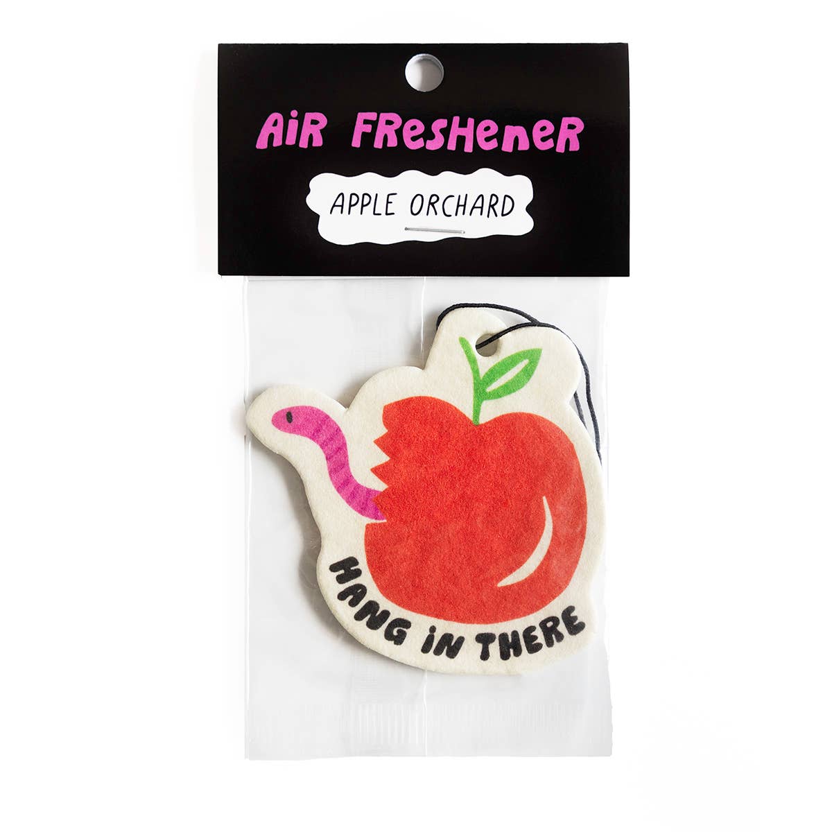apple scented air freshener -- image is an apple with a worm coming out of it and reads "hang in there" 