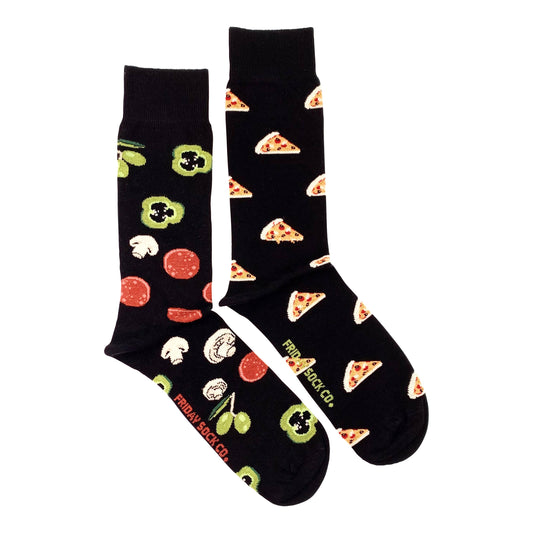Pair of adult mismatched socks -- pizza slices and toppings