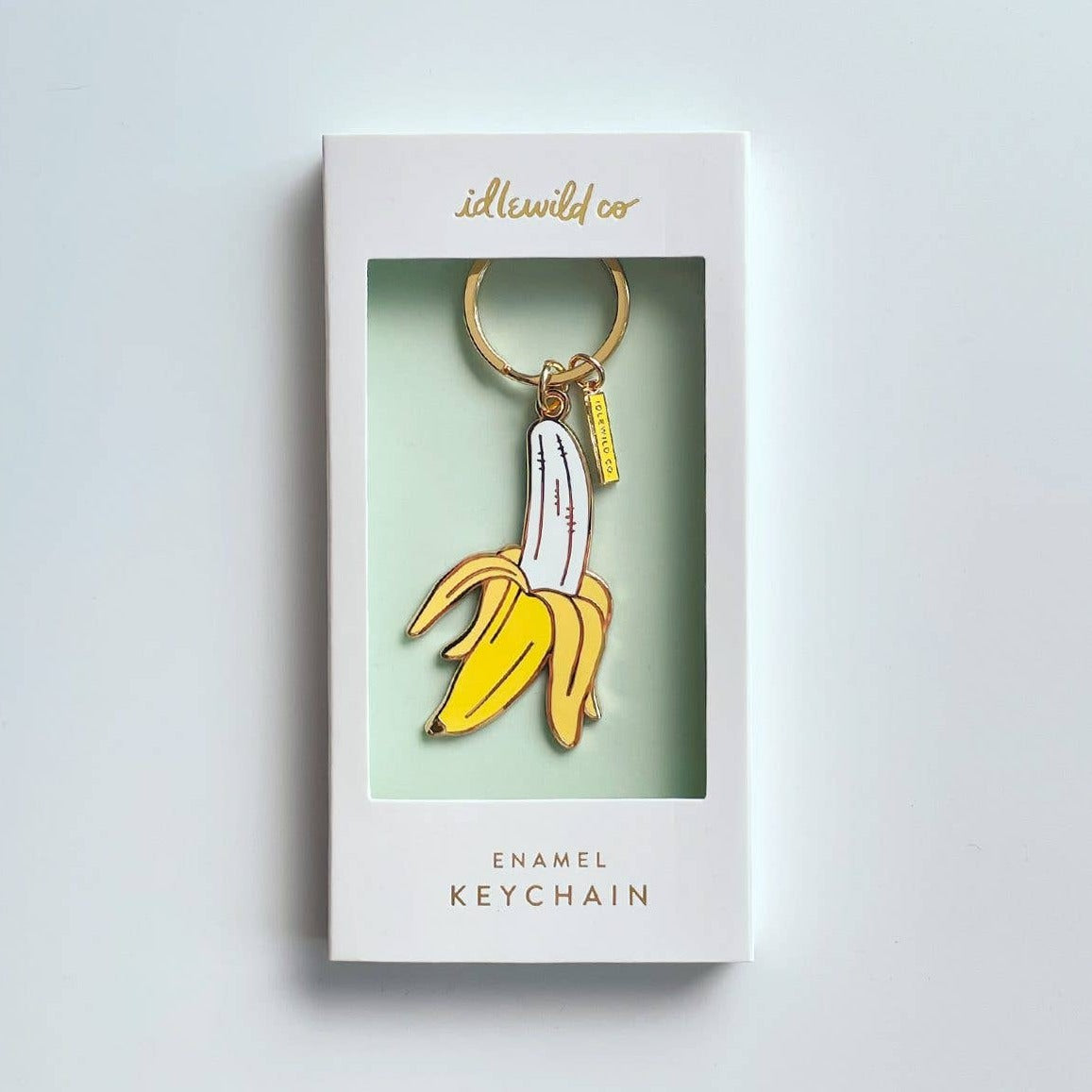 Banana keychain in boxed packaging